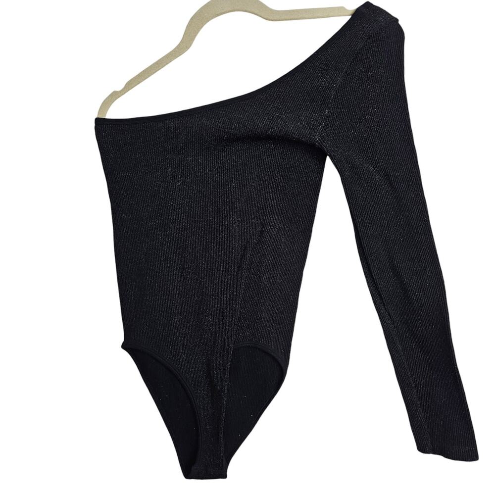 Zara Womens One Shoulder Ribbed Bodysuit Size M/L Metallic Minimalist Stretch